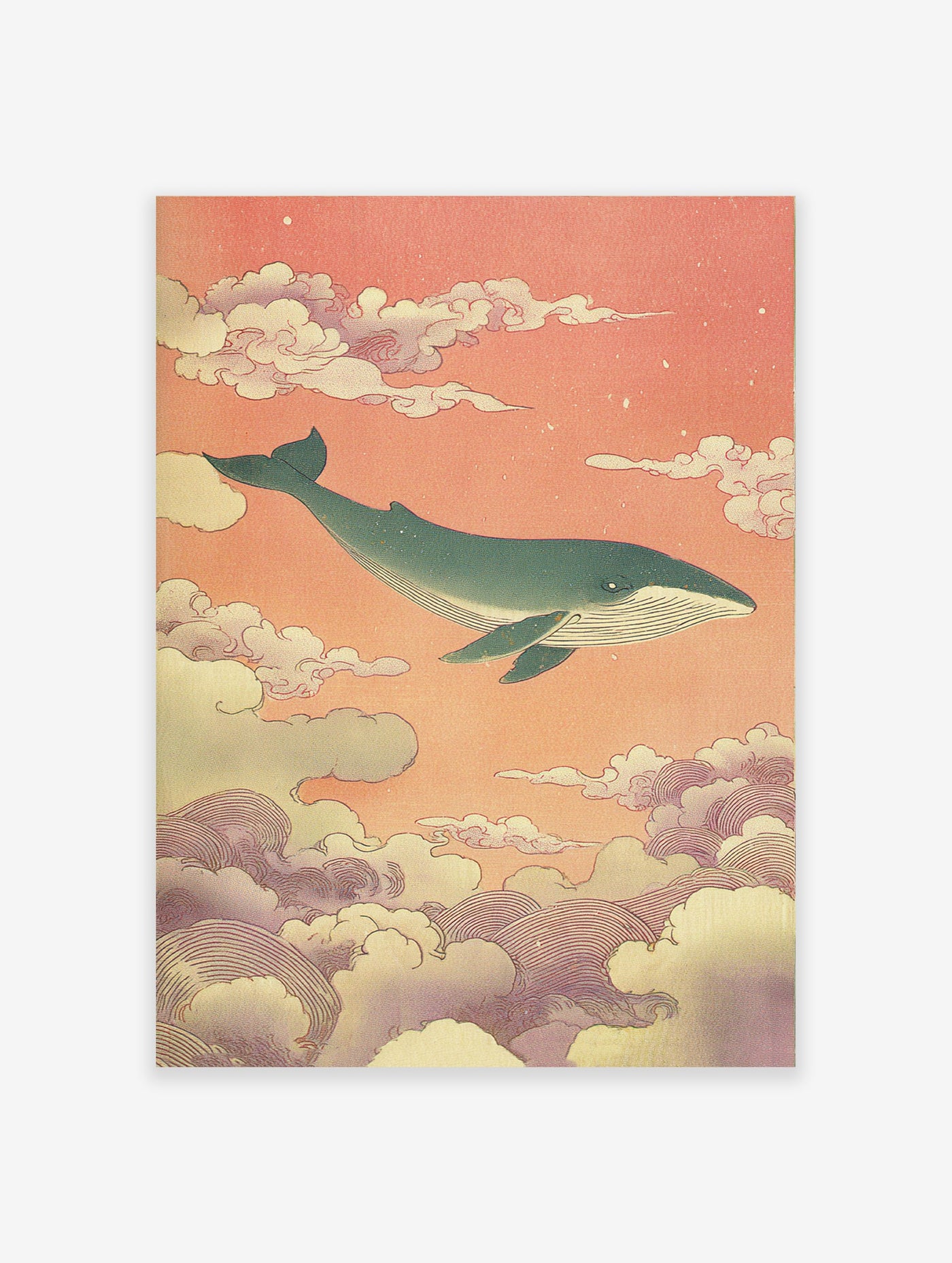 Japanese style Whale Wall Art featuring a blue whale swimming through peach and purple clouds in a surreal sky.