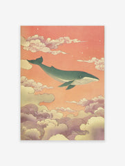 Japanese style Whale Wall Art featuring a blue whale swimming through peach and purple clouds in a surreal sky.