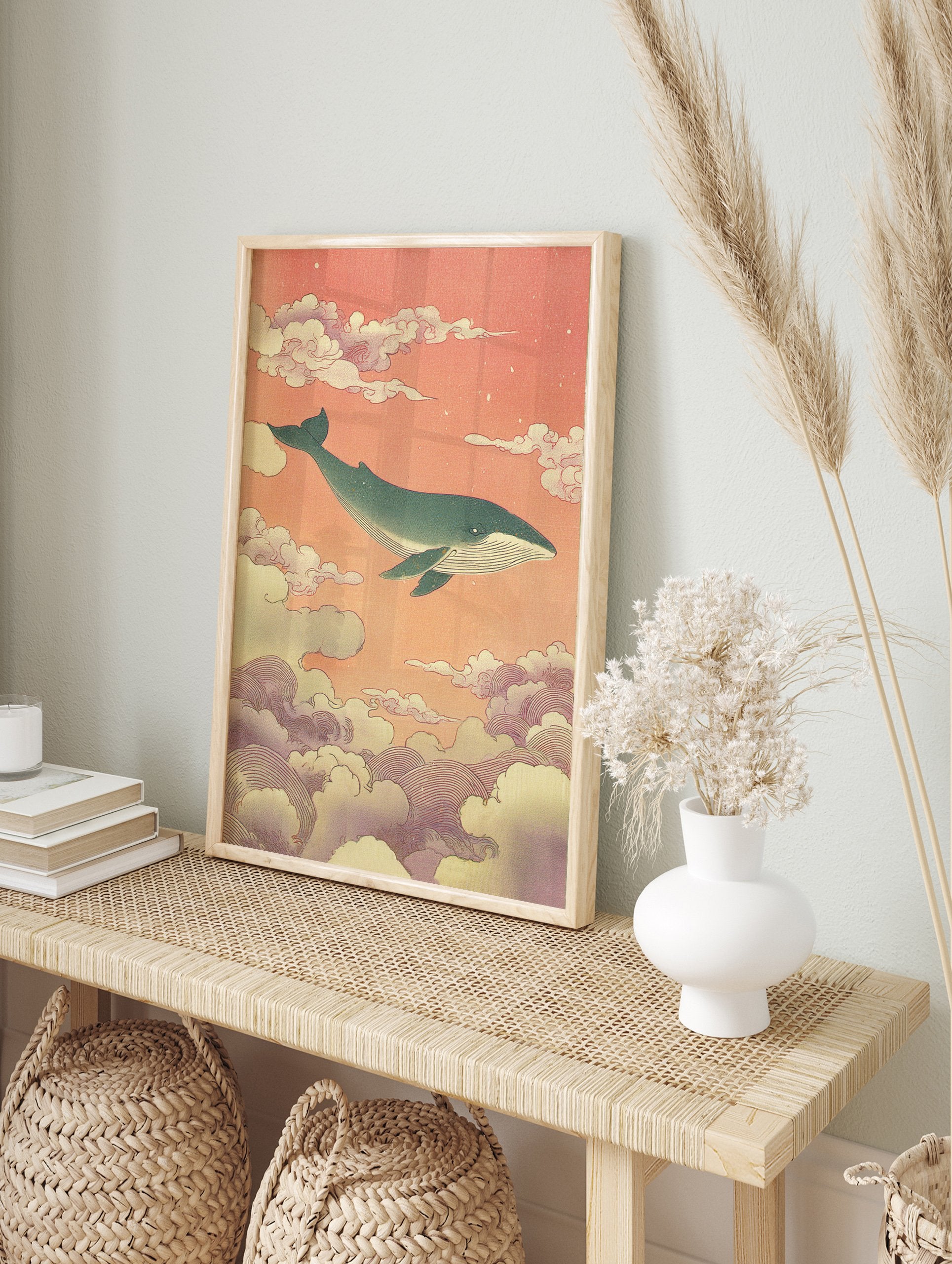 Japanese style Whale Wall Art featuring a blue whale swimming through peach and purple clouds in a surreal sky. - Image 3