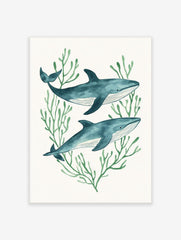 Illustrative watercolor print of two blue whales swimming among green seaweed on a white background