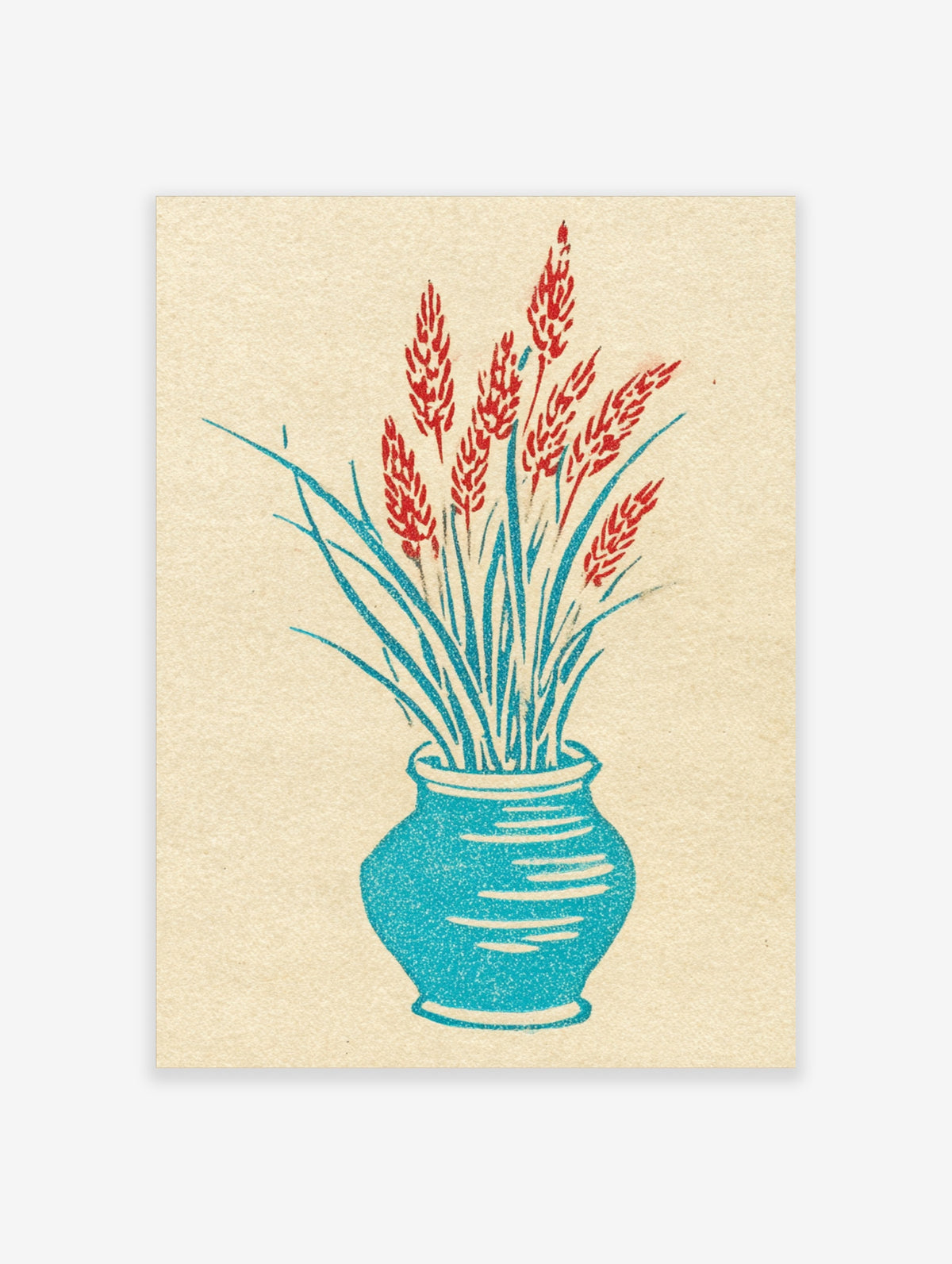 Red wheat stalks in teal vase with blue leaves on beige background, botanical illustration print
