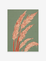 Illustrative wheat stalks with pale orange grain heads and red stems on a teal green background art print