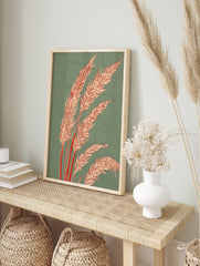 Illustrative wheat stalks with pale orange grain heads and red stems on a teal green, in an alternate framed mockup