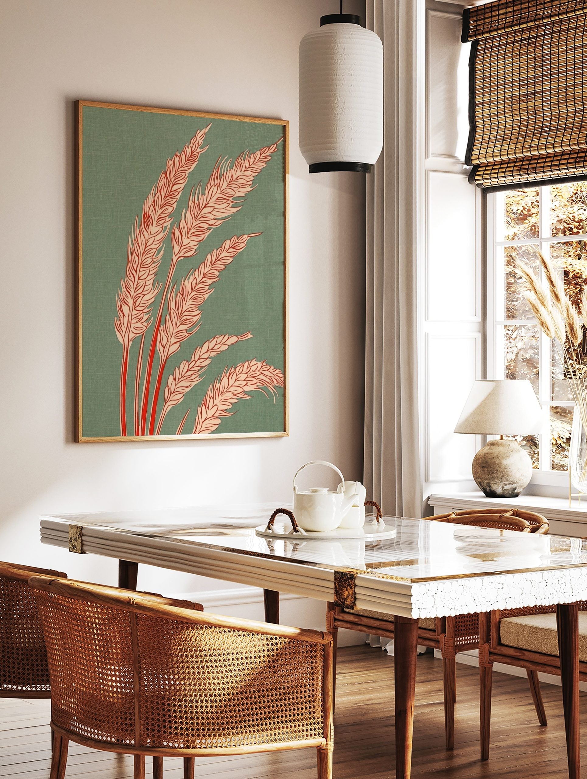 Illustrative wheat stalks with pale orange grain heads and red stems on a teal green background art, in a styled room mockup