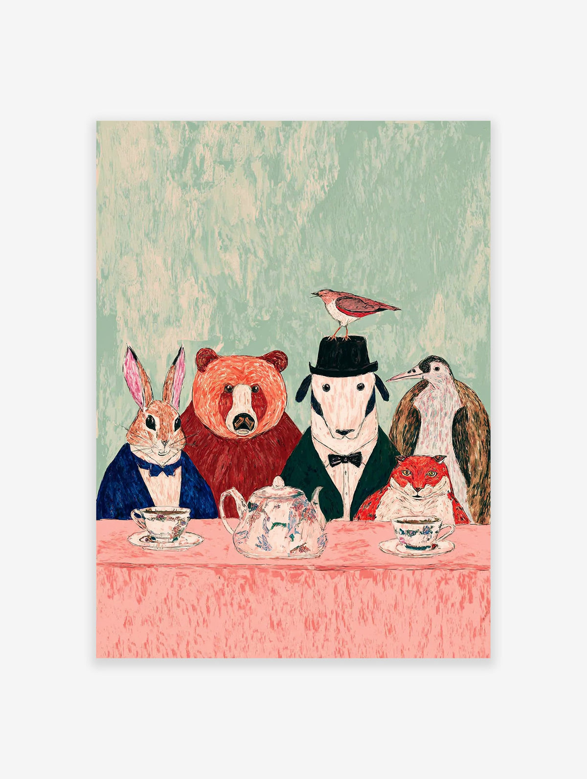 Whimsical animal art print of a rabbit, bear, dog, penguin, and fox having a tea party at a pink table.