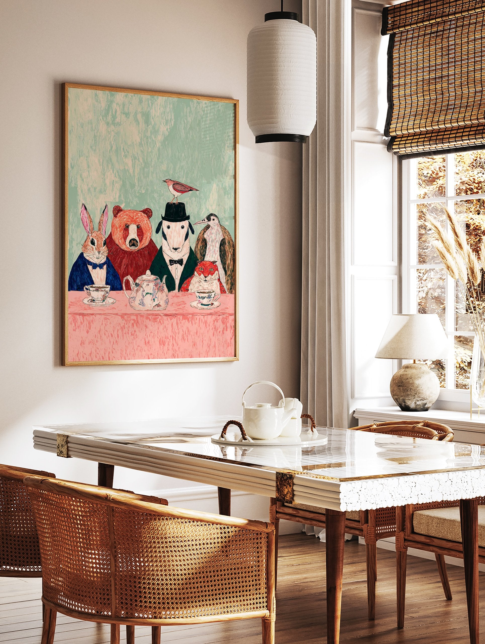 Whimsical animal art print of a rabbit, bear, dog, penguin, and fox having a tea party at a pink table. - Image 2