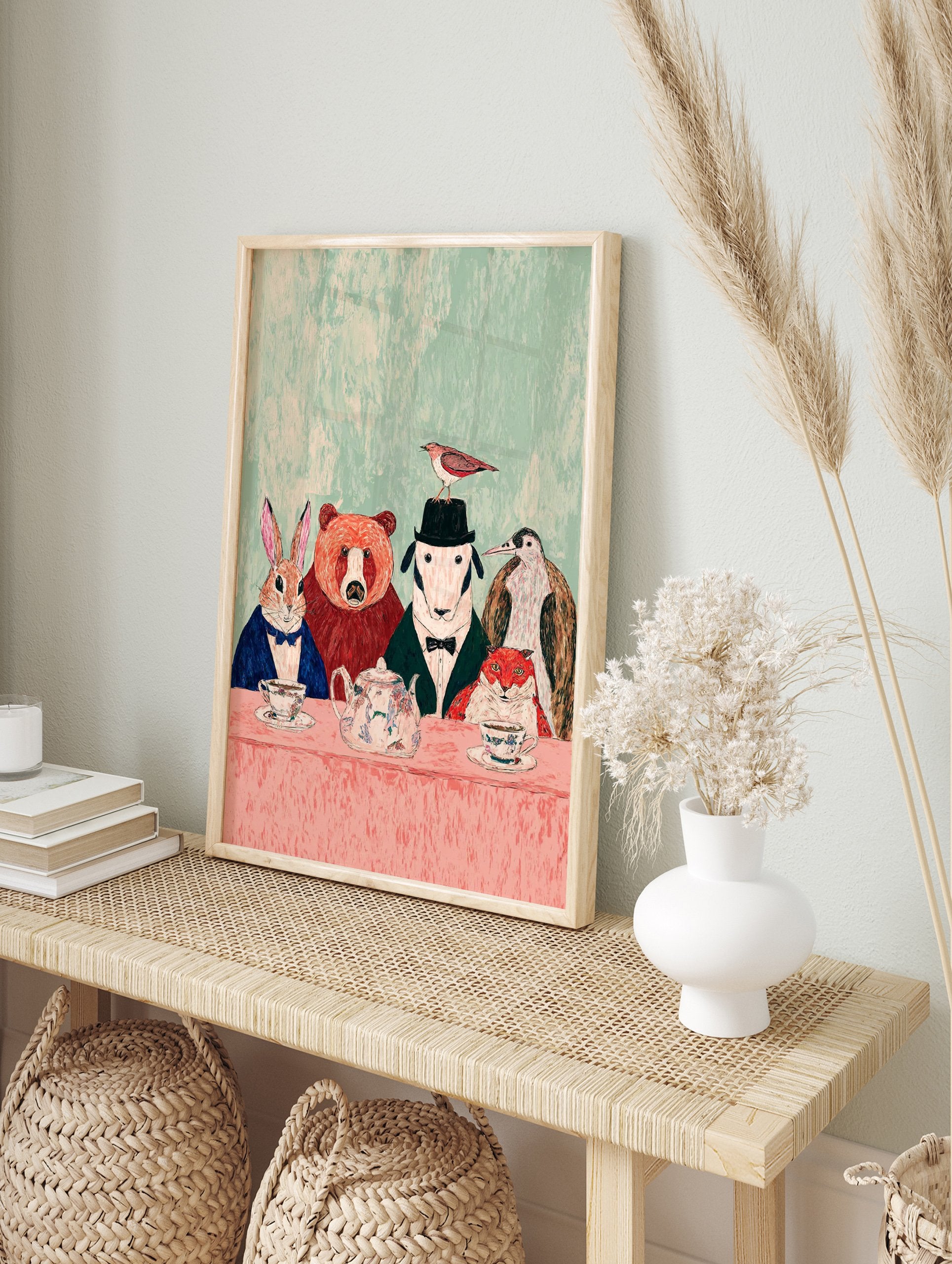 Whimsical animal art print of a rabbit, bear, dog, penguin, and fox having a tea party at a pink table. - Image 3