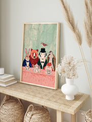 Whimsical animal art print of a rabbit, bear, dog, penguin, and fox having a tea party at a pink table. - Image 3