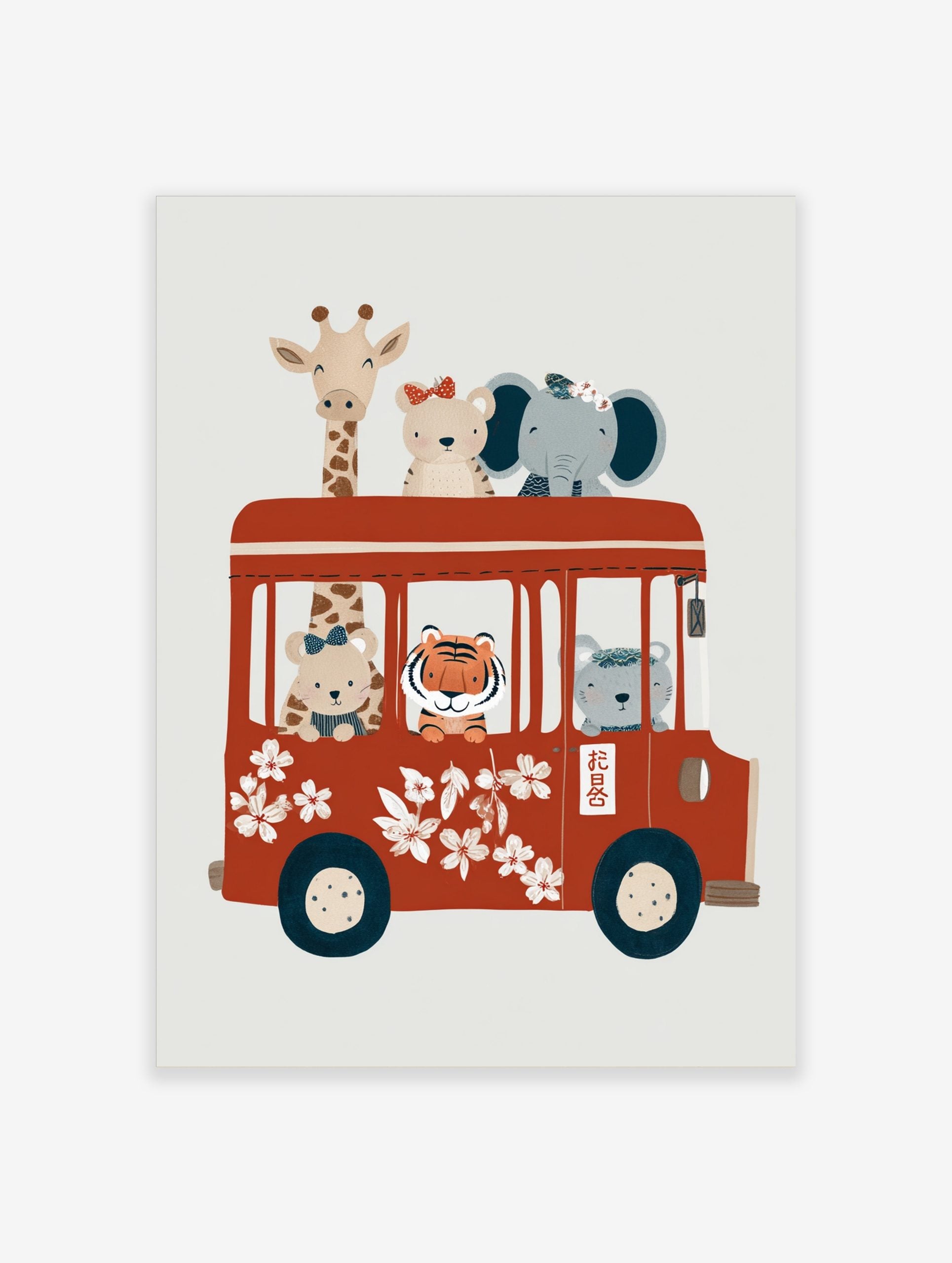 Whimsical illustration of cartoon animals (giraffe, bears, elephant, tiger) riding a red bus with white flowers