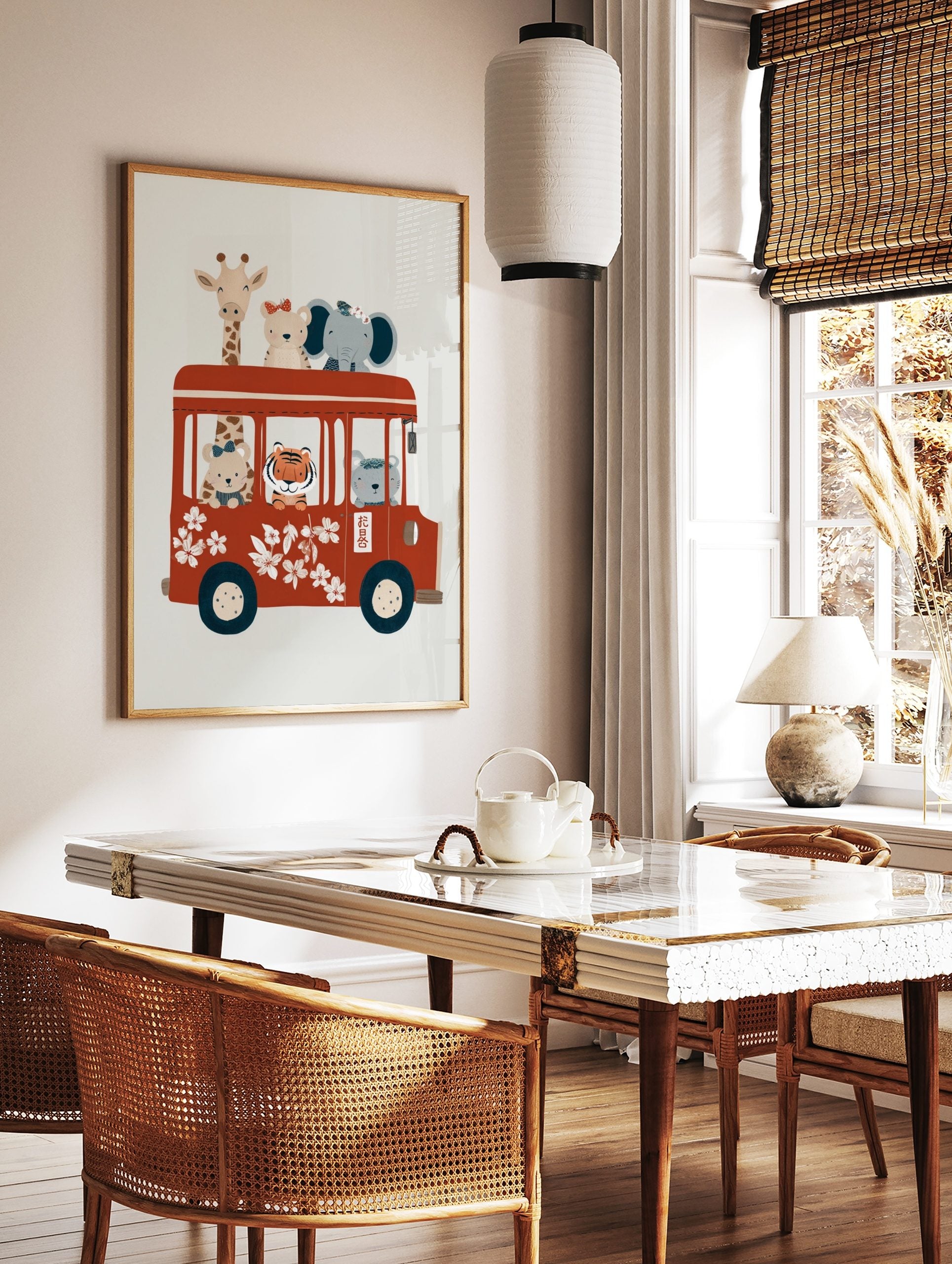 Whimsical illustration of cartoon animals (giraffe, bears, elephant, tiger) riding a red bus with, in a styled room mockup
