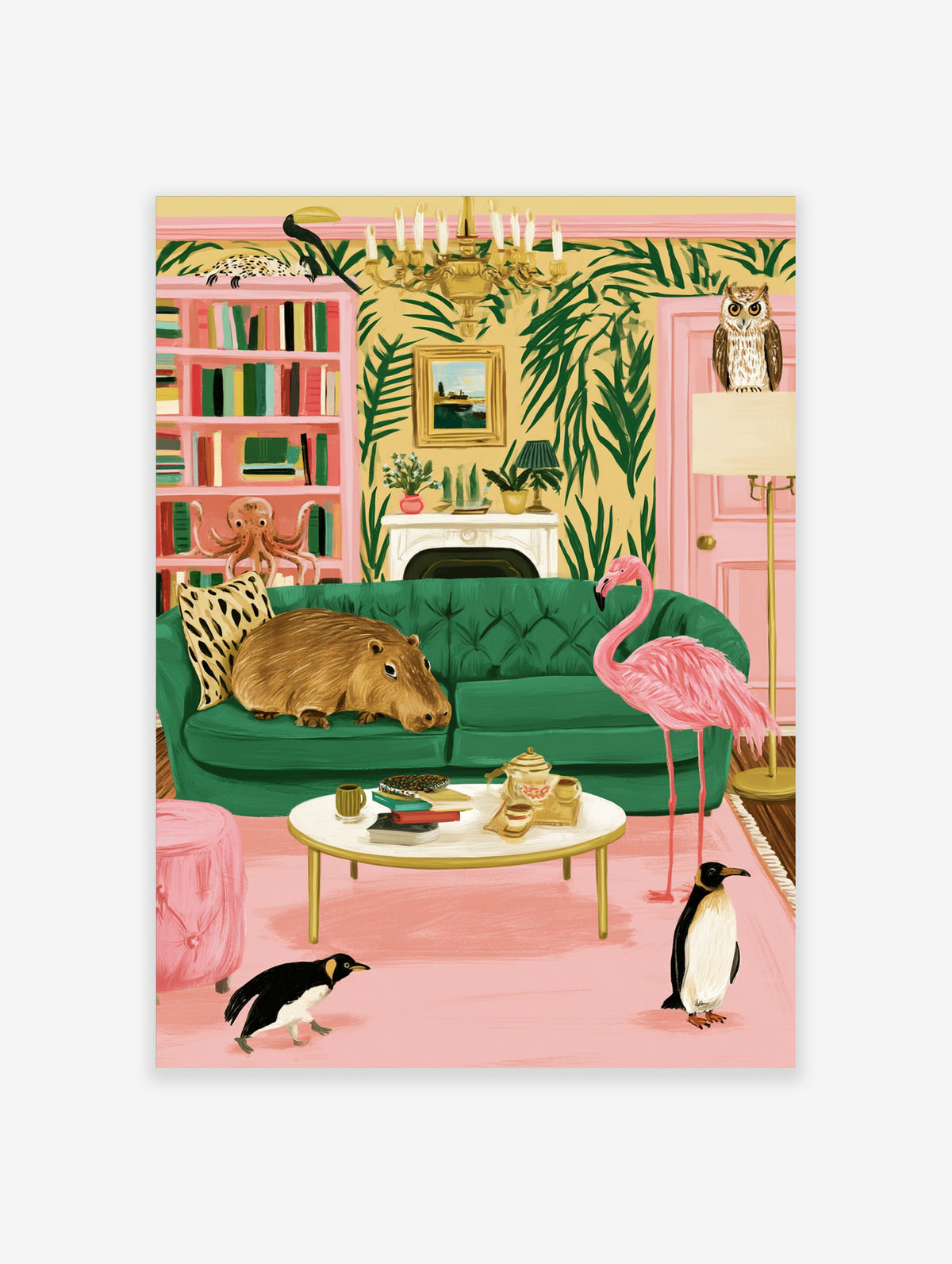Whimsical living room art print with capybara on green sofa, pink flamingo, owl, penguin, and tropical wallpaper
