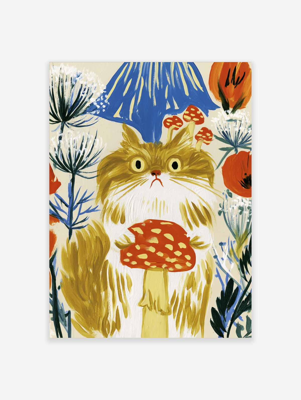 Whimsical cat and mushroom art print with ginger cat, blue mushroom, red toadstool, and floral background