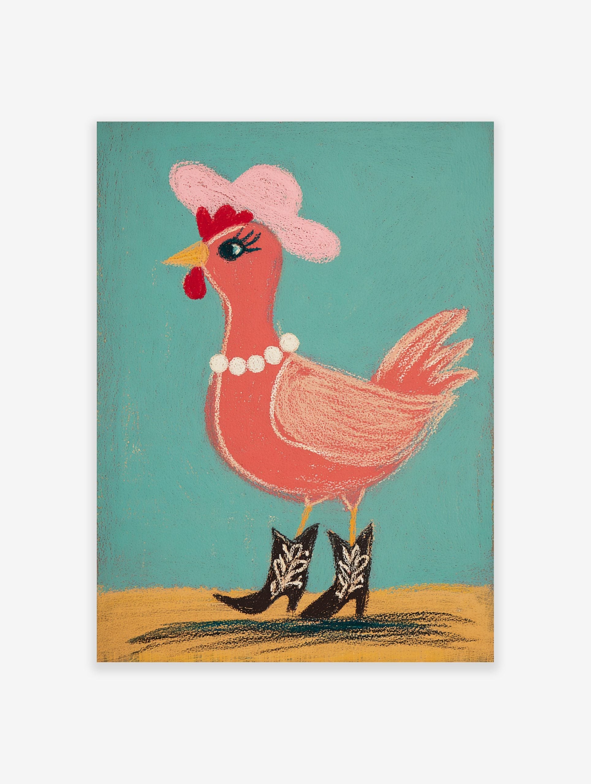 Illustrative chicken wearing pink cowboy hat, pearl necklace, and cowboy boots against teal background