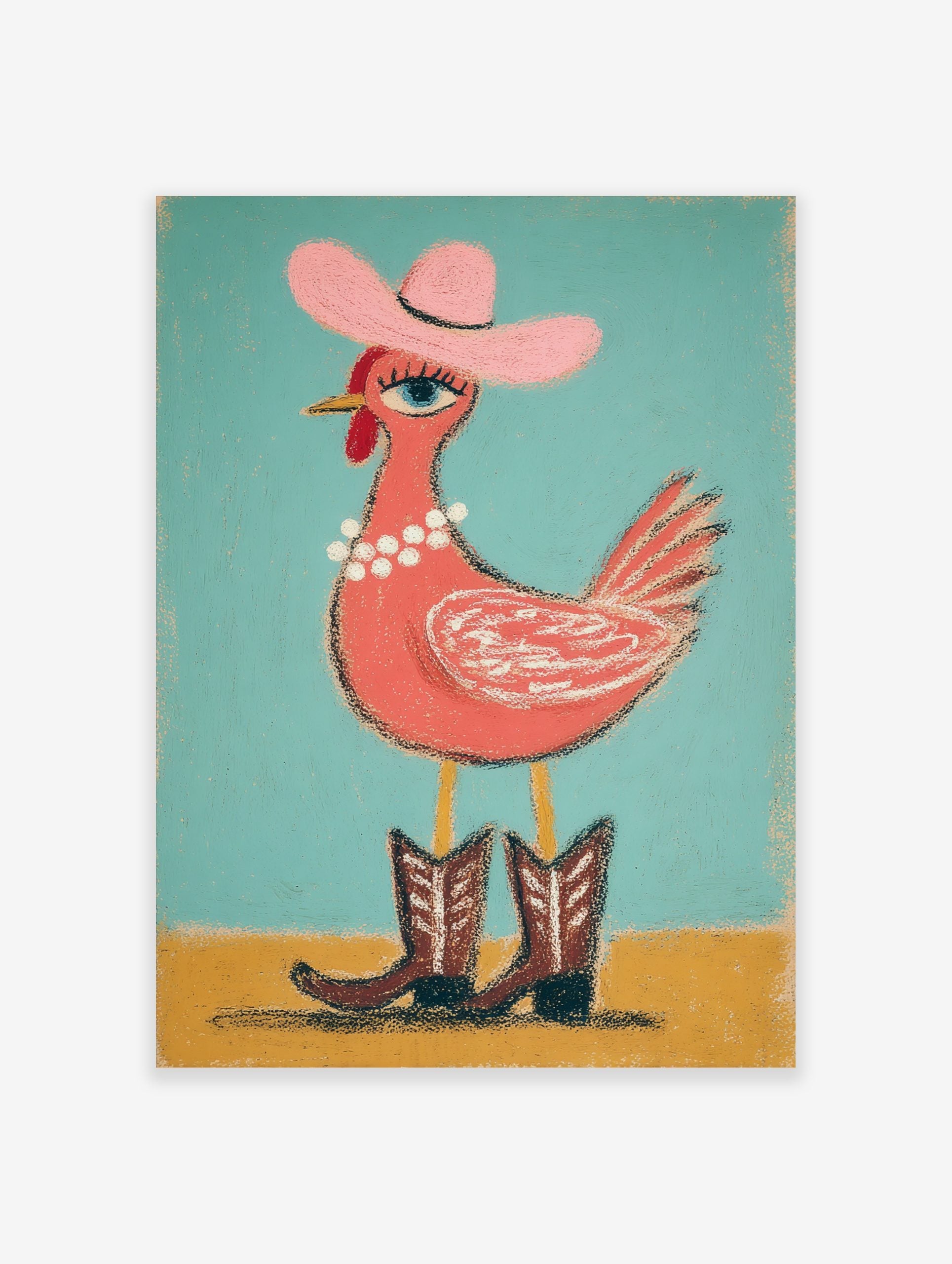 Whimsical chicken wearing pink cowboy hat, pearl necklace, and brown boots on teal and yellow background