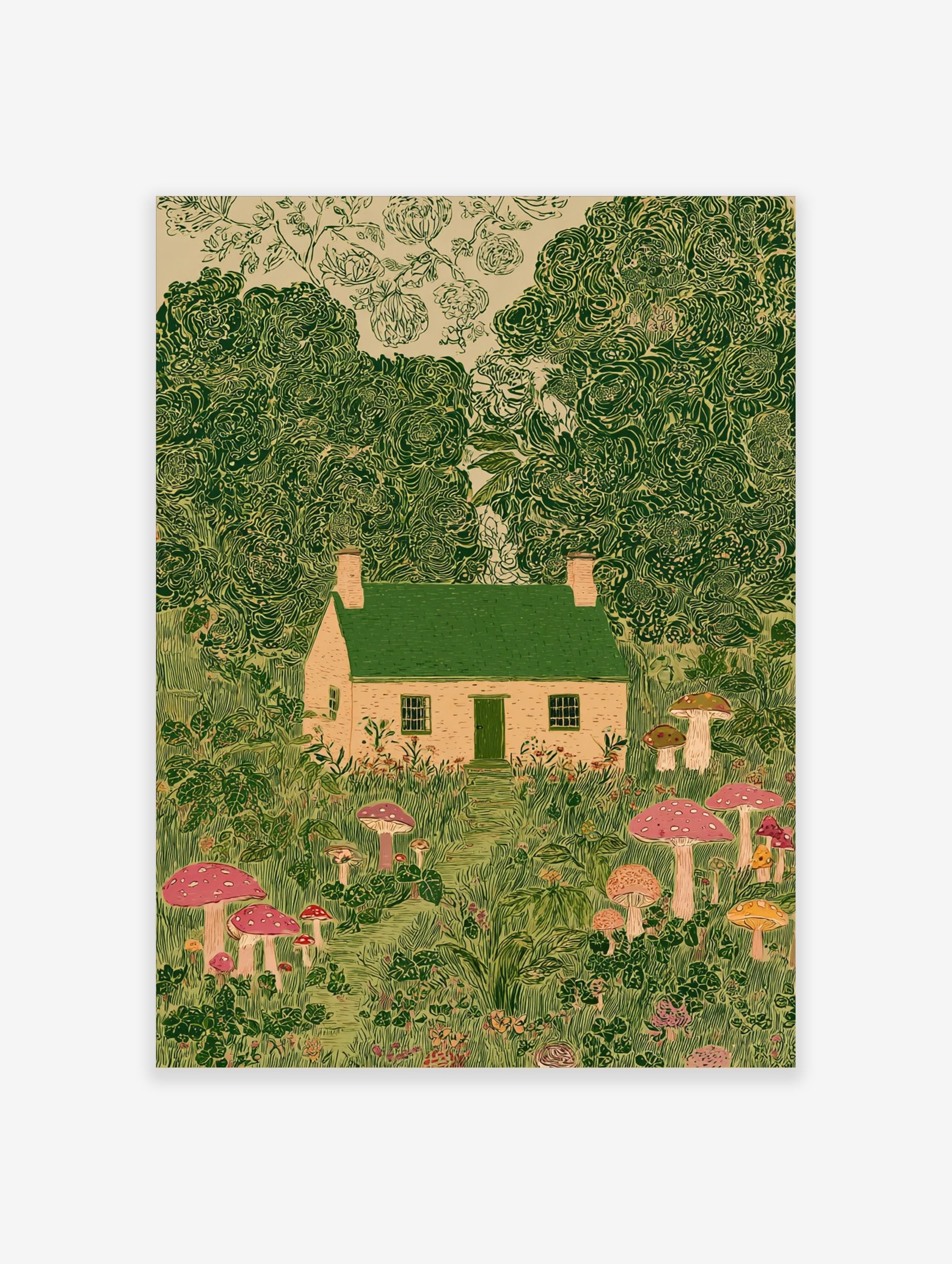Illustrative print of a whimsical cottage with green roof, surrounded by lush green trees and colourful mushrooms