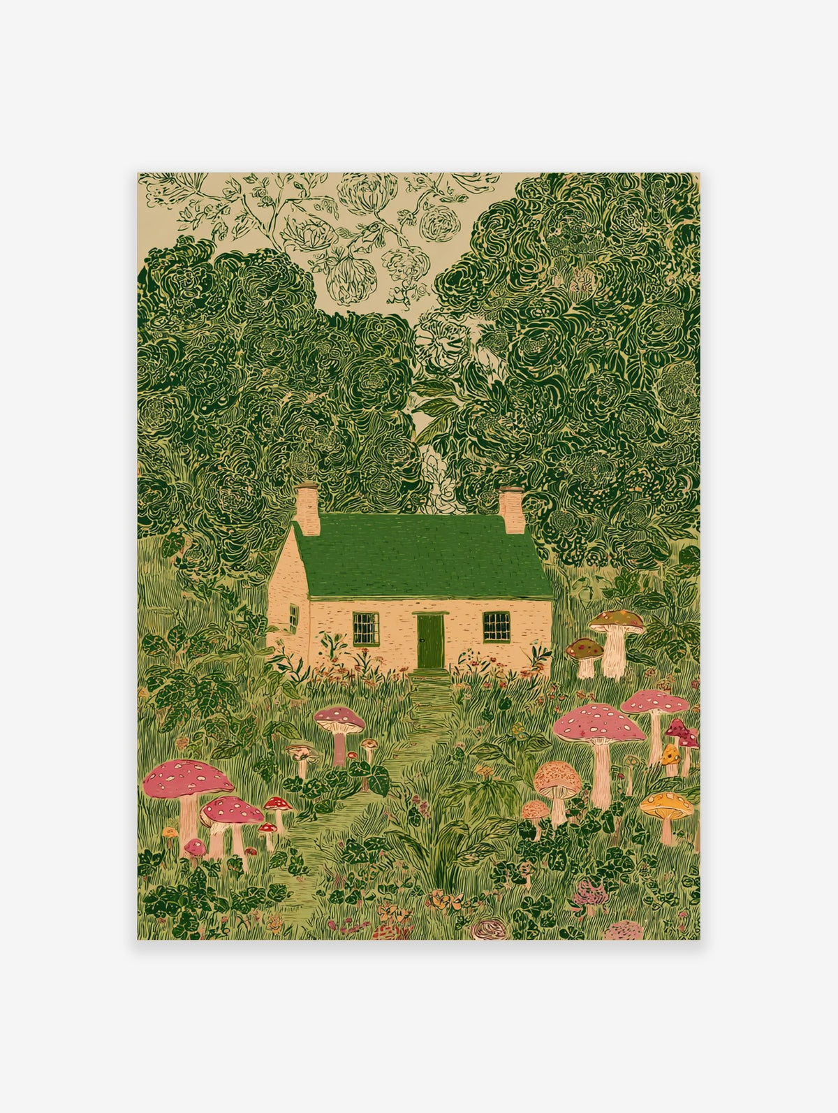 Illustrative print of a whimsical cottage with green roof, surrounded by lush green trees and colourful mushrooms
