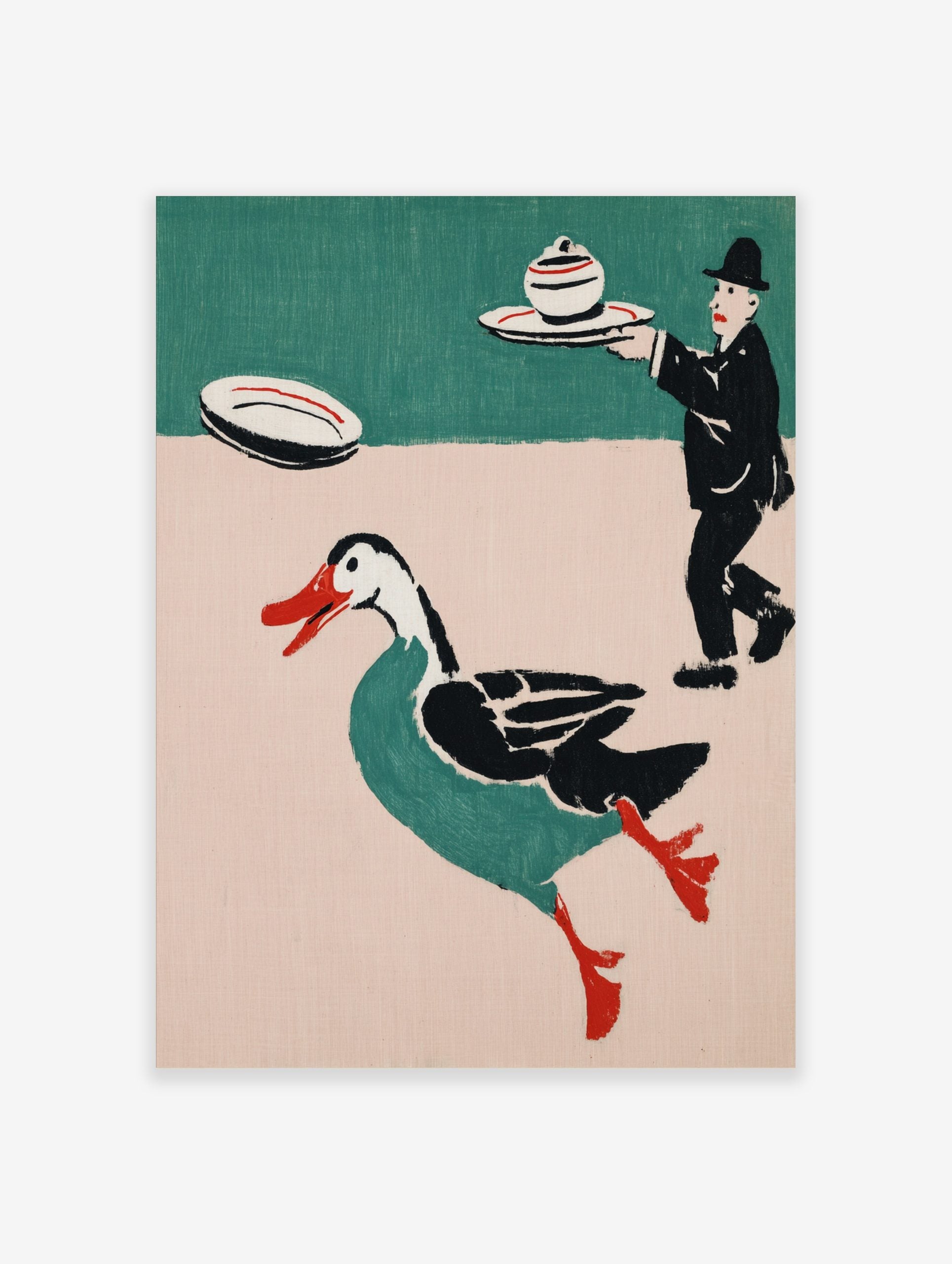 Whimsical illustrative print of a running teal duck with red beak and a waiter carrying a lidded dish
