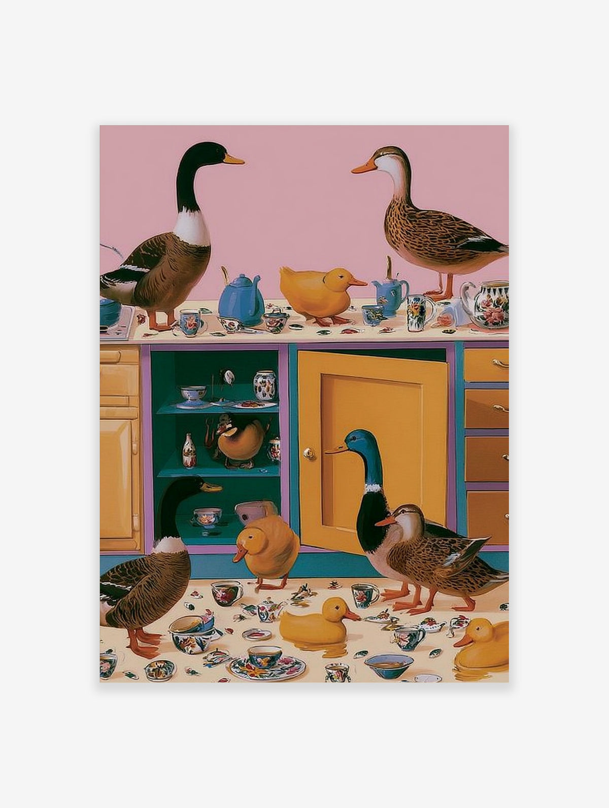Surreal kitchen art print with mallards and yellow ducks surrounded by floral teapots and cups on a pink background