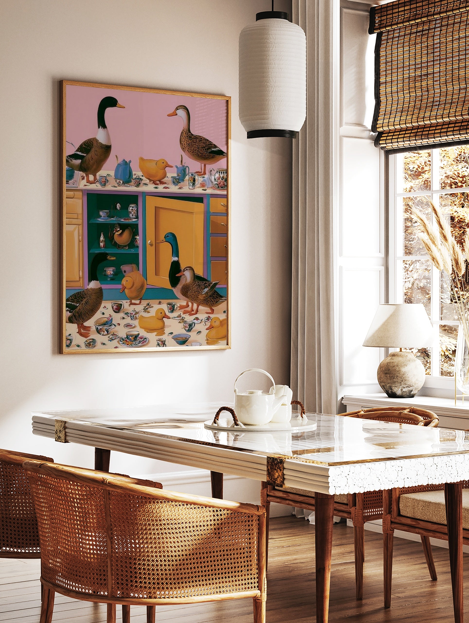Surreal kitchen art print with mallards and yellow ducks surrounded by floral teapots and cups on a, in a styled room mockup