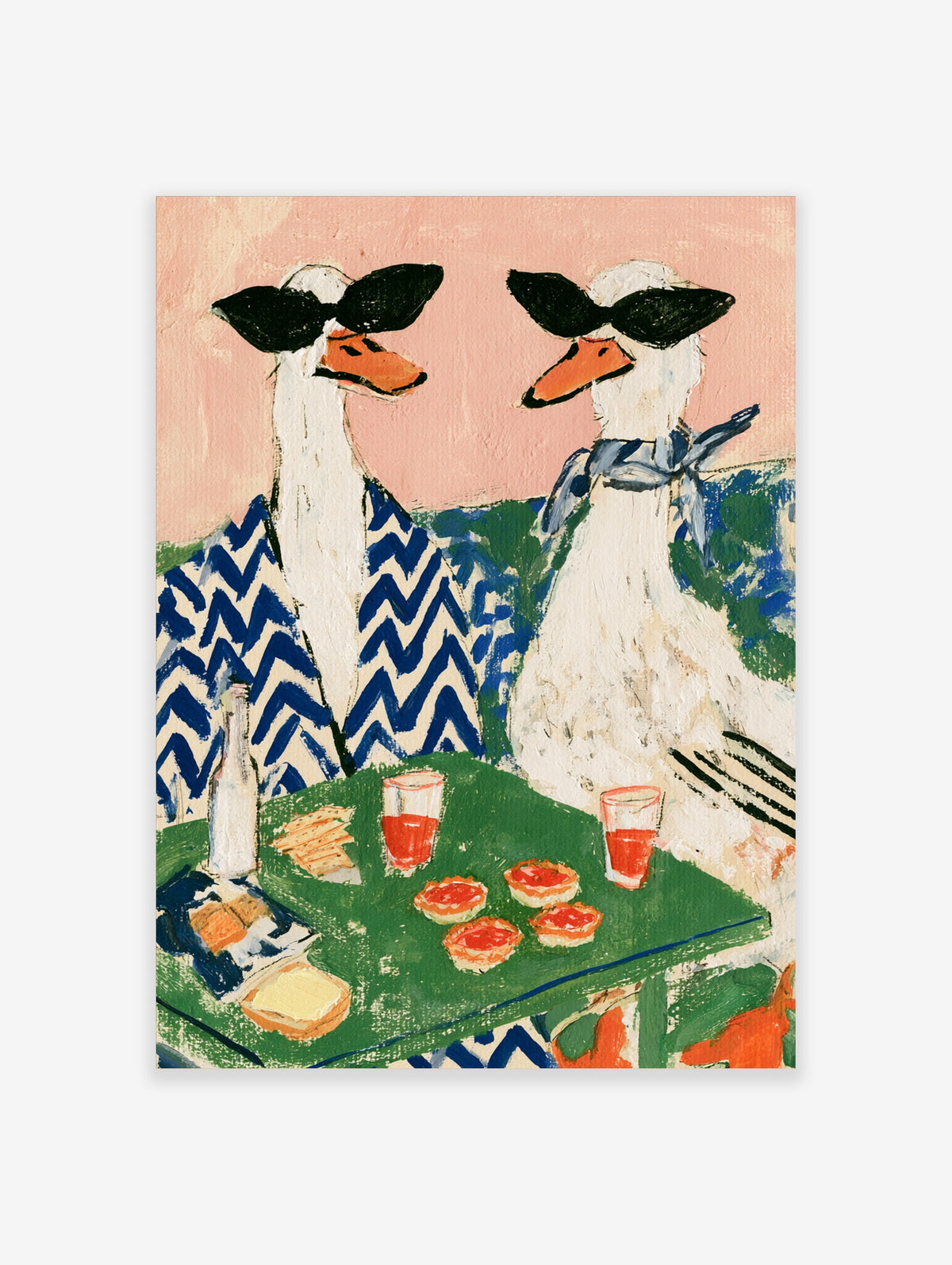 Quirky goose poster with two white geese in sunglasses and zigzag clothes at a green table with tarts and drinks