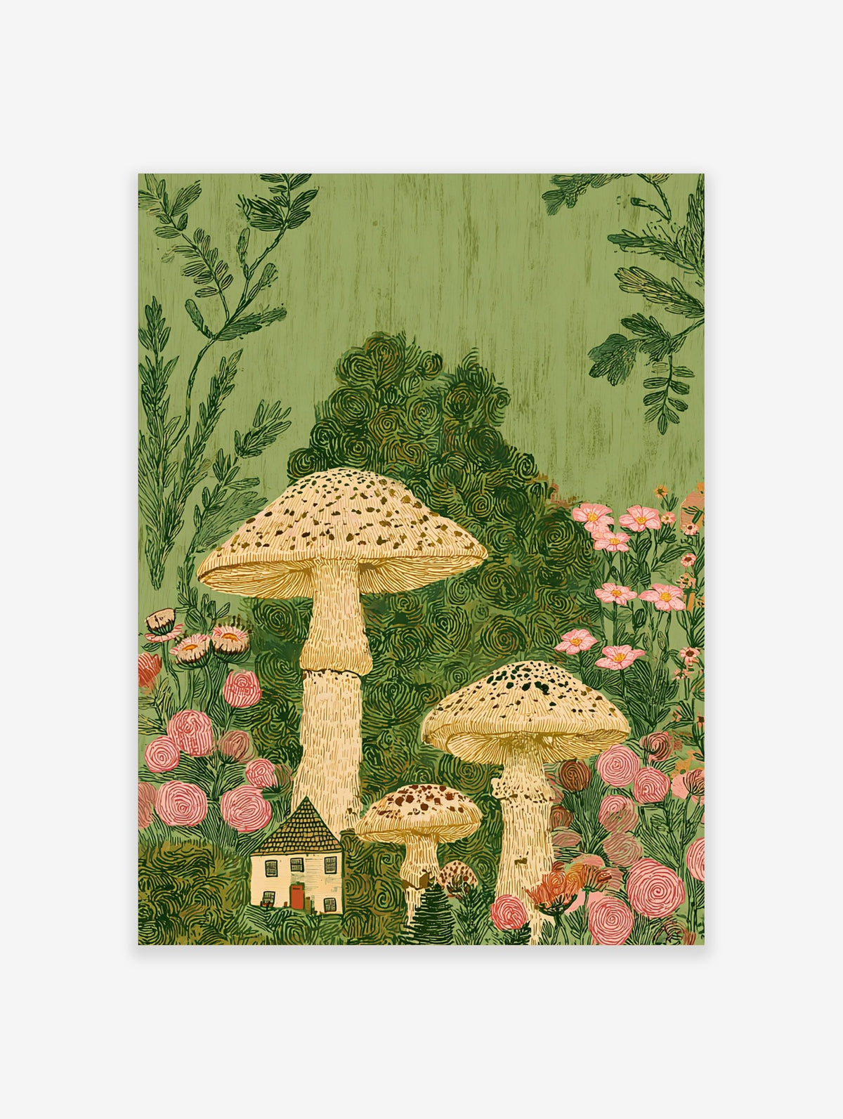 Whimsical illustration of tall speckled mushrooms, a small cottage, and pink flowers in lush green garden