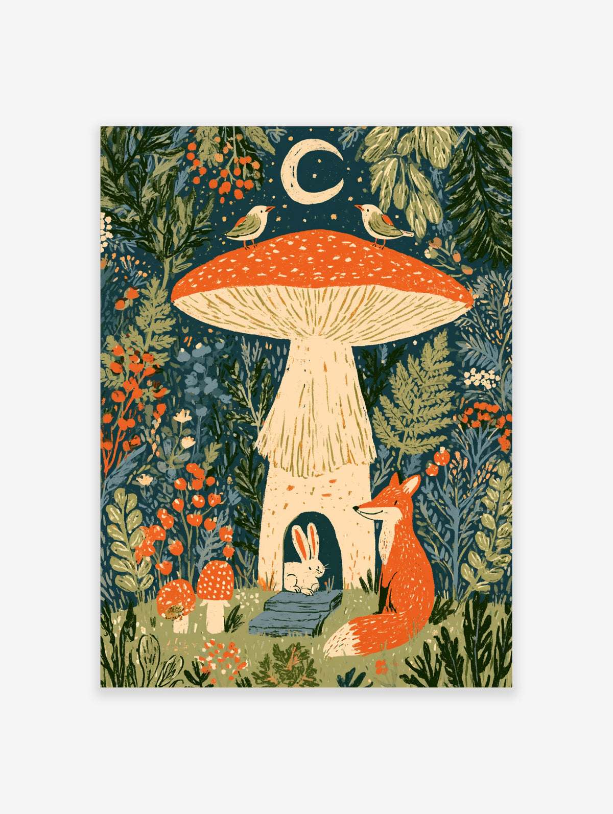 Whimsical mushroom house illustration with rabbit, fox, birds, crescent moon, and forest foliage