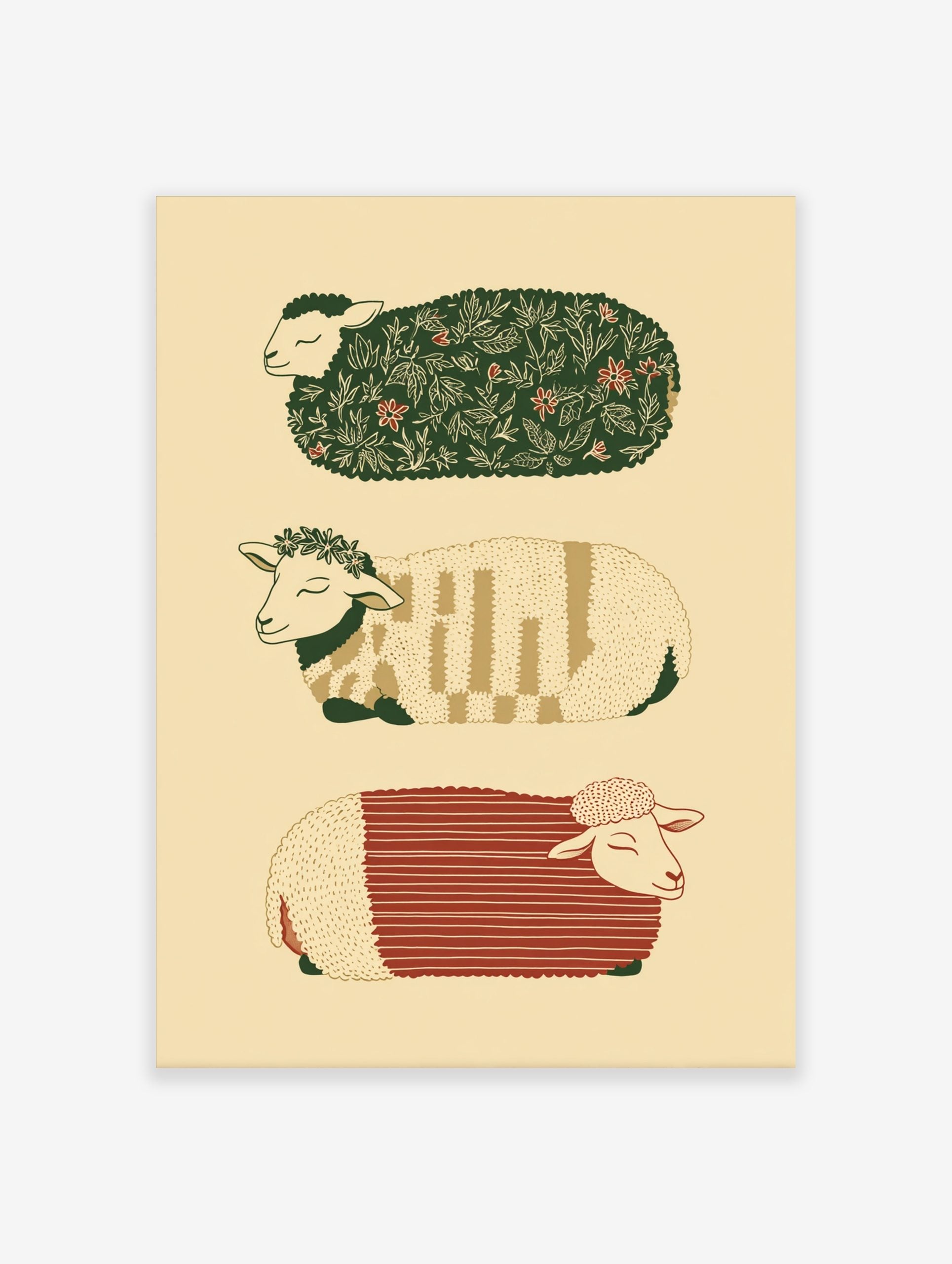 Three illustrative sheep with patterned fleeces in green, red, and beige, stacked vertically on a cream background