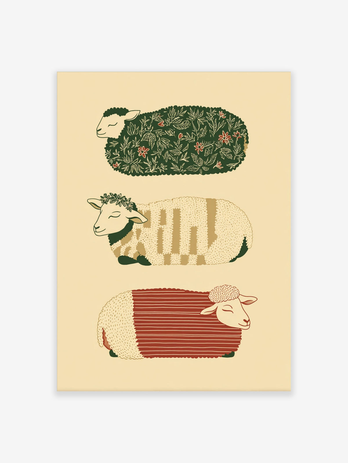 Three illustrative sheep with patterned fleeces in green, red, and beige, stacked vertically on a cream background