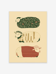 Three illustrative sheep with patterned fleeces in green, red, and beige, stacked vertically on a cream background