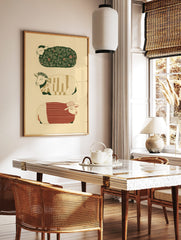 Three illustrative sheep with patterned fleeces in green, red, and beige, stacked vertically on a, in a styled room mockup