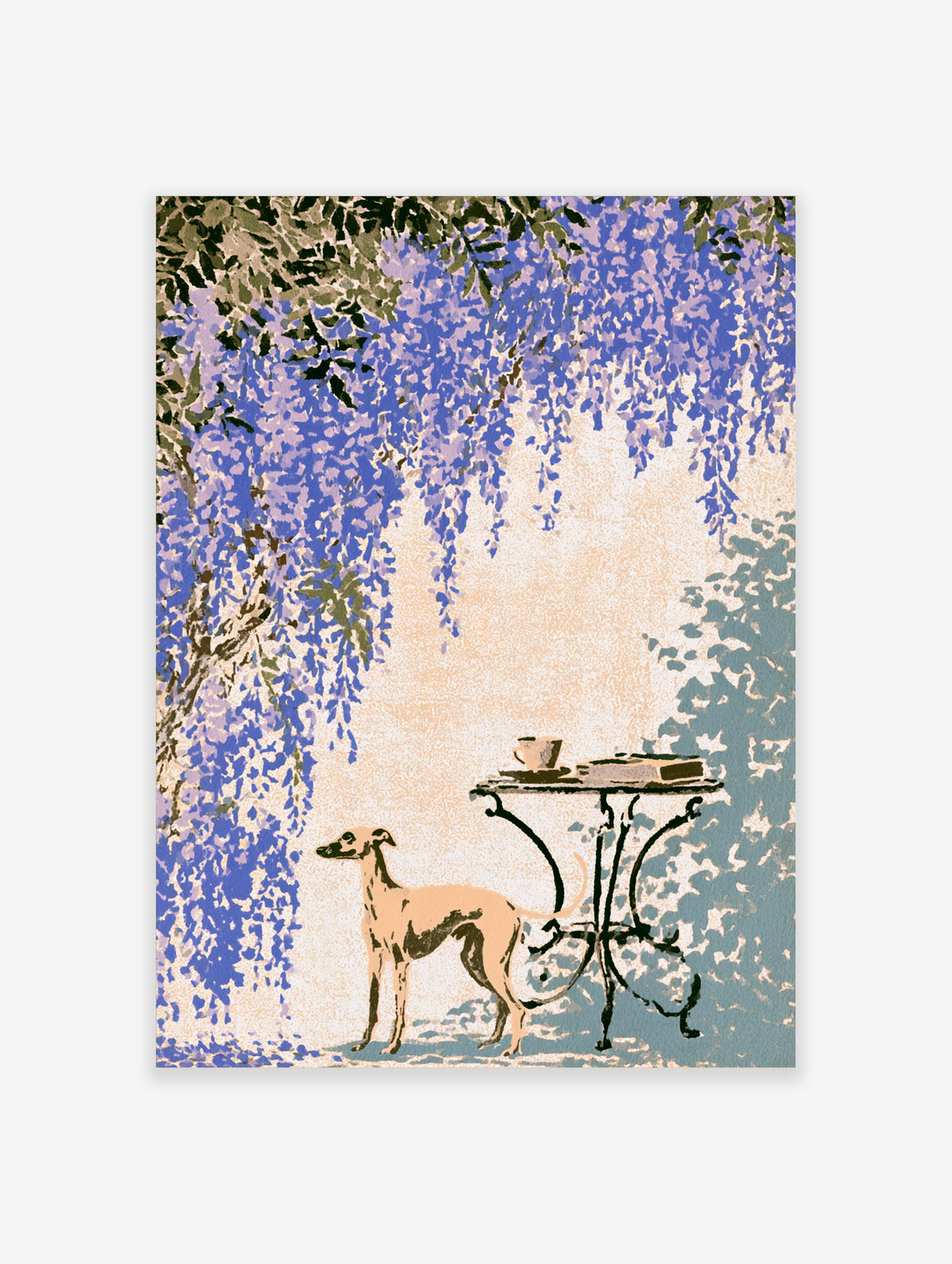 Whippet and wisteria poster with tan dog beside black table under blue flowers