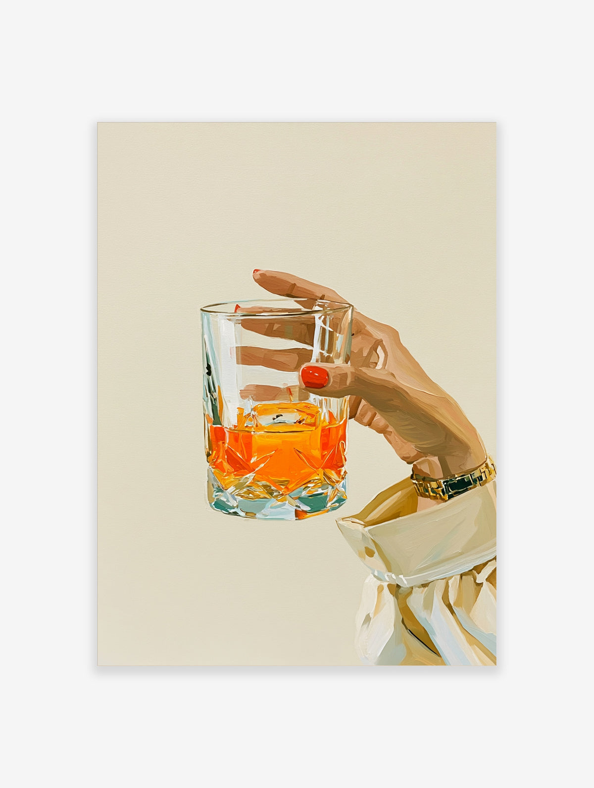 Painterly illustration of a hand with red nails holding a cut-crystal whiskey glass with amber liquid on beige background