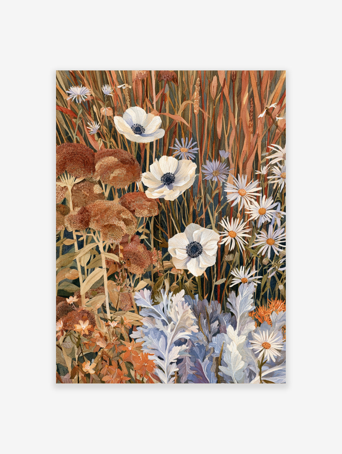 Botanical illustration of white anemone flowers, daisies, and wild grasses in earth tones, suitable for wall decor