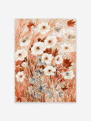 White anemone flower illustration with rust-coloured foliage and grasses in a watercolour botanical art style