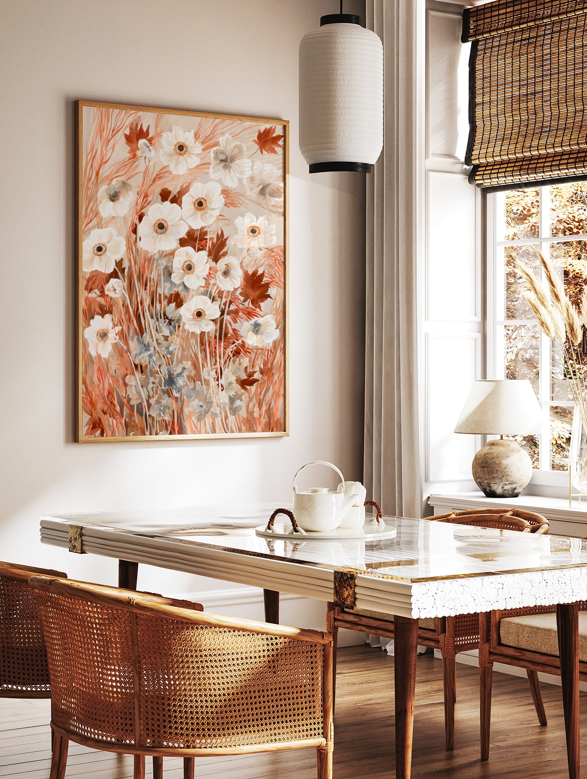 White anemone flower illustration with rust-coloured foliage and grasses in a watercolour botanical, in a styled room mockup