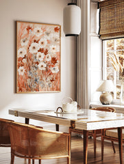 White anemone flower illustration with rust-coloured foliage and grasses in a watercolour botanical, in a styled room mockup