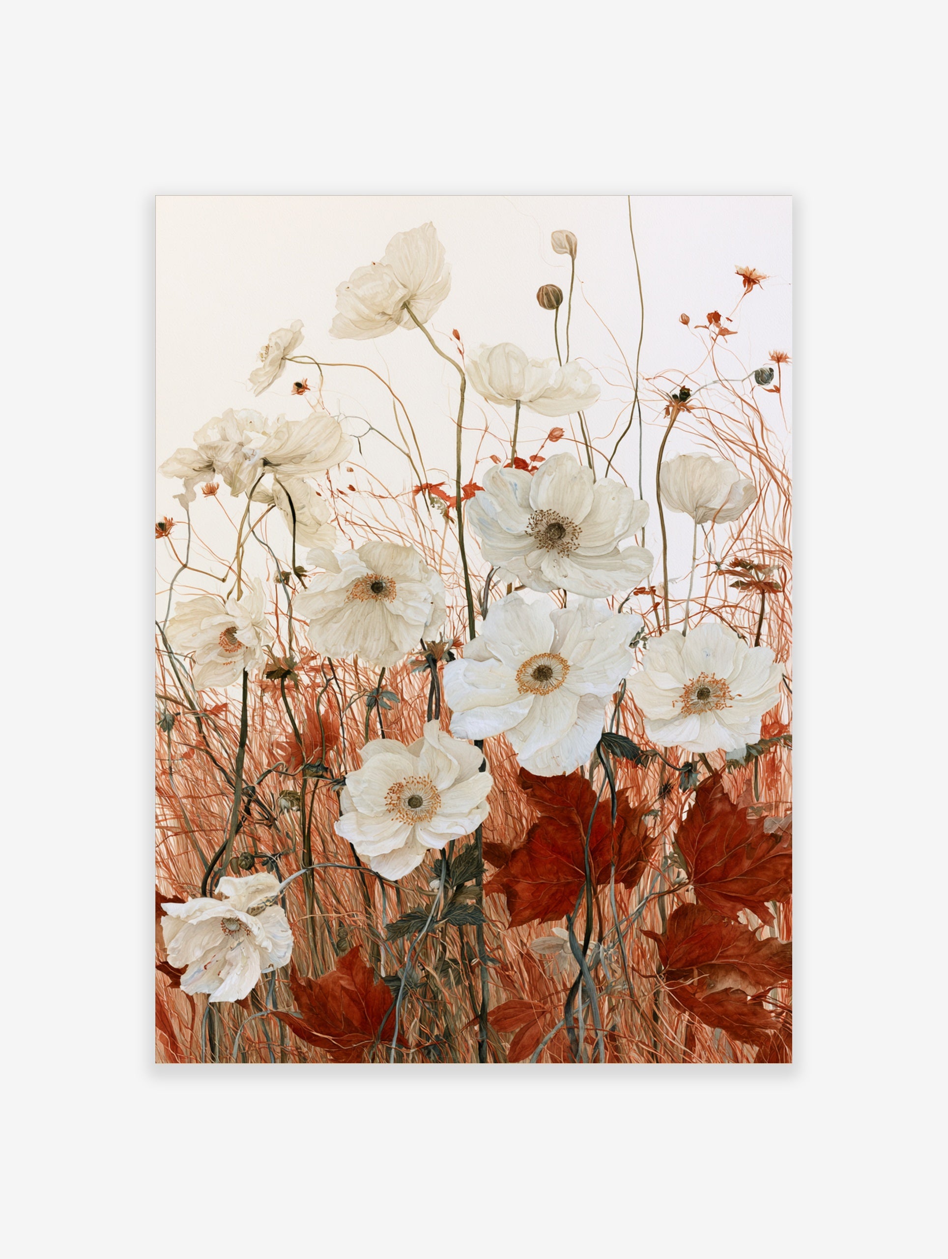 White anemone flowers with rust-coloured grasses and autumn leaves in a botanical illustrative art print