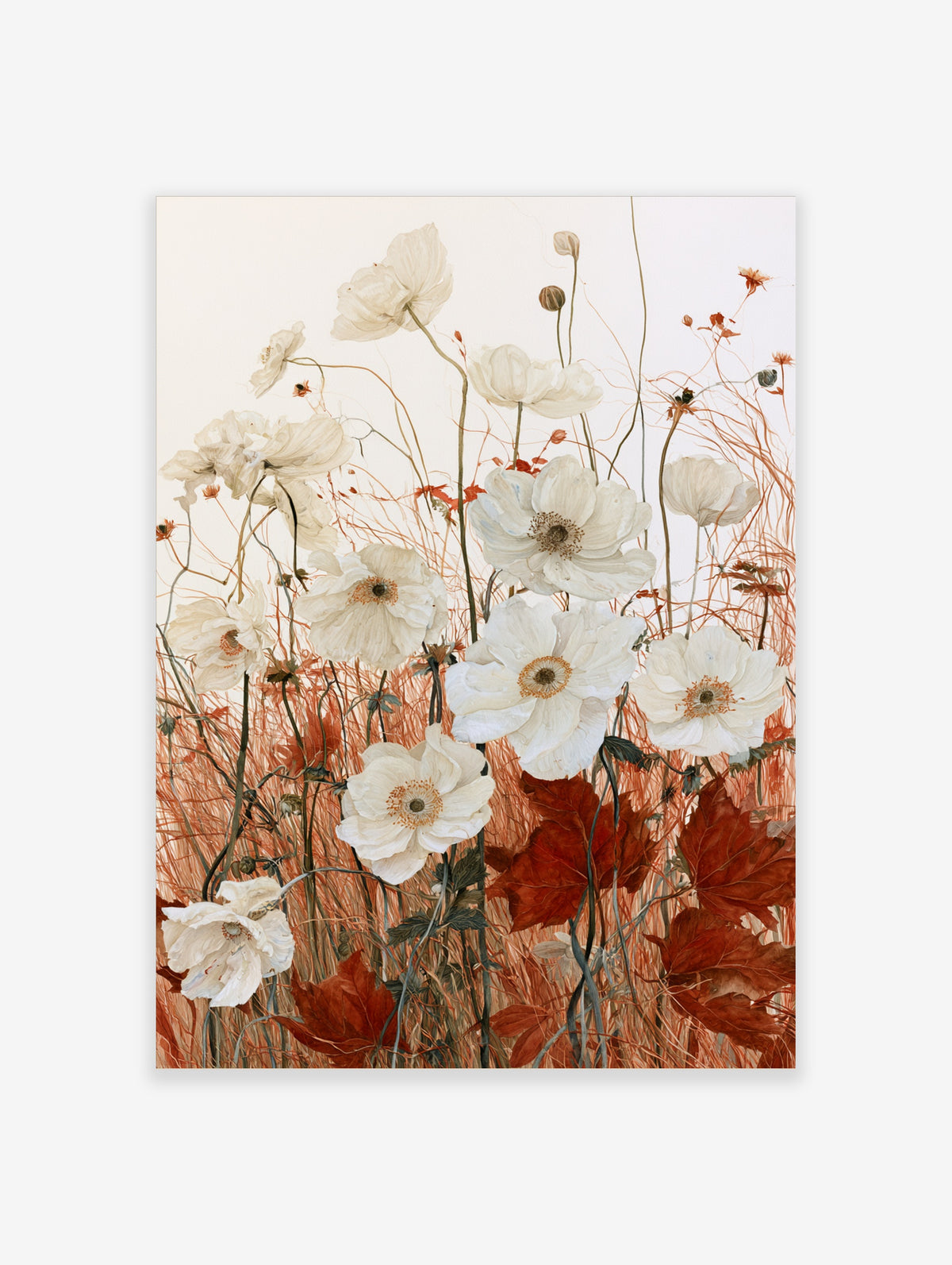 White anemone flowers with rust-coloured grasses and autumn leaves in a botanical illustrative art print