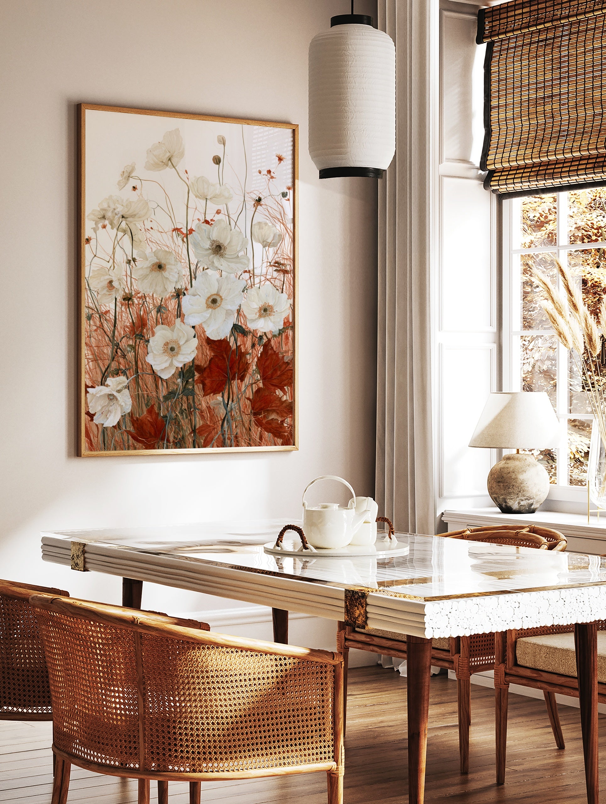 White anemone flowers with rust-coloured grasses and autumn leaves in a botanical illustrative art, in a styled room mockup