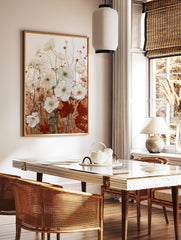 White anemone flowers with rust-coloured grasses and autumn leaves in a botanical illustrative art, in a styled room mockup