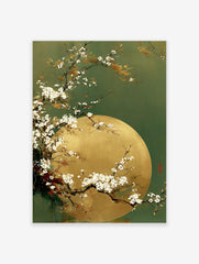 White cherry blossom branches curving over a golden full moon against a deep green background, Japanese art style