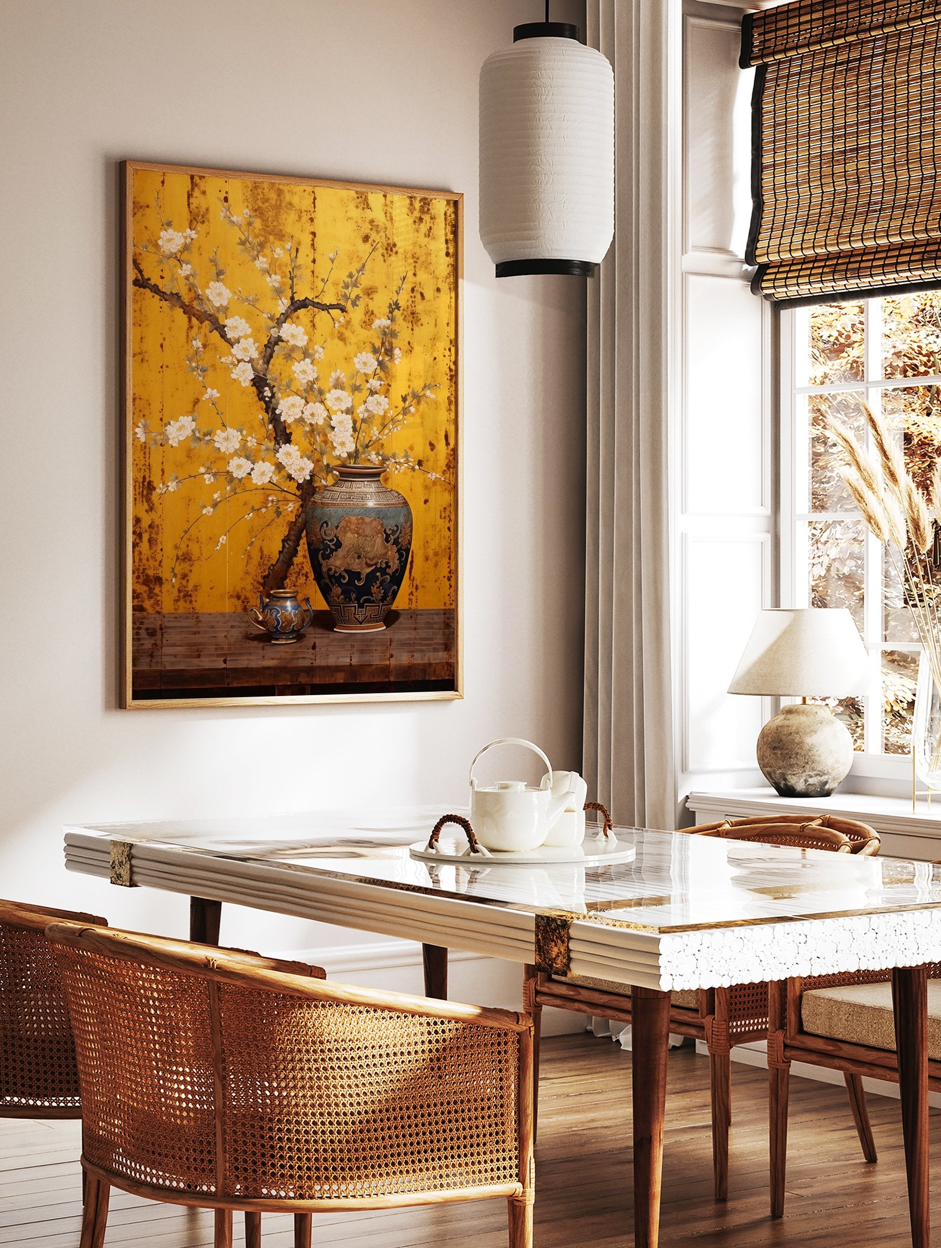 Asian floral poster with white blossoms in an ornate blue vase on a wooden table against a gold screen background. - Image 2