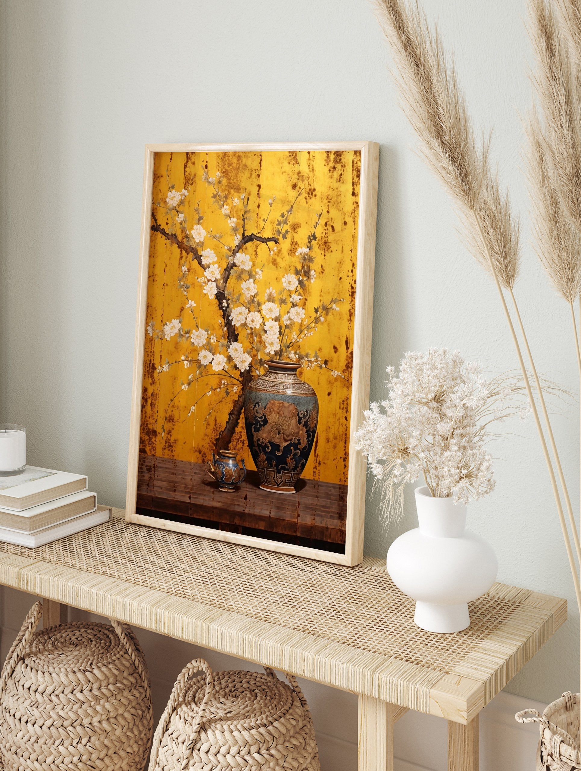 Asian floral poster with white blossoms in an ornate blue vase on a wooden table against a gold screen background. - Image 4