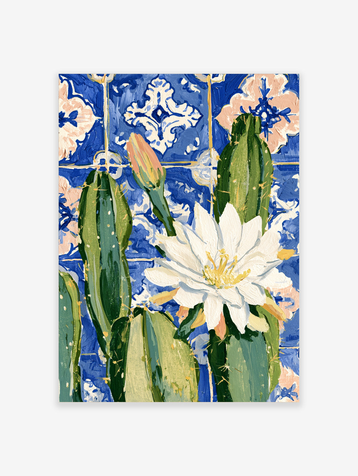 White cactus flower with yellow stamens and green stems against blue and white patterned tiles