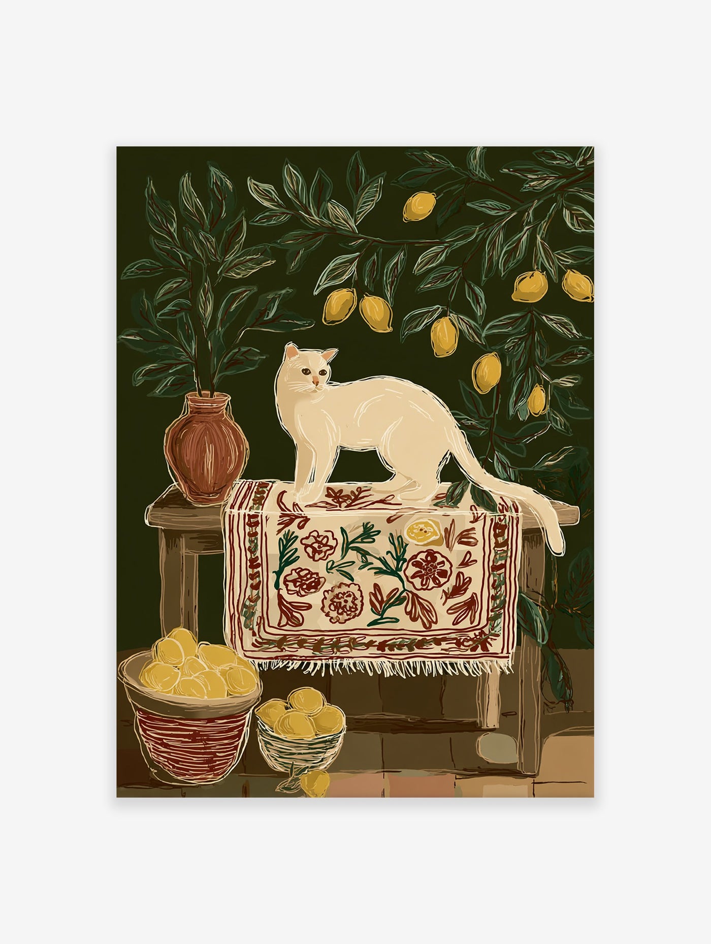 Illustration of a white cat sitting on a patterned rug on a stool, surrounded by lemon tree branches and lemons in baskets.