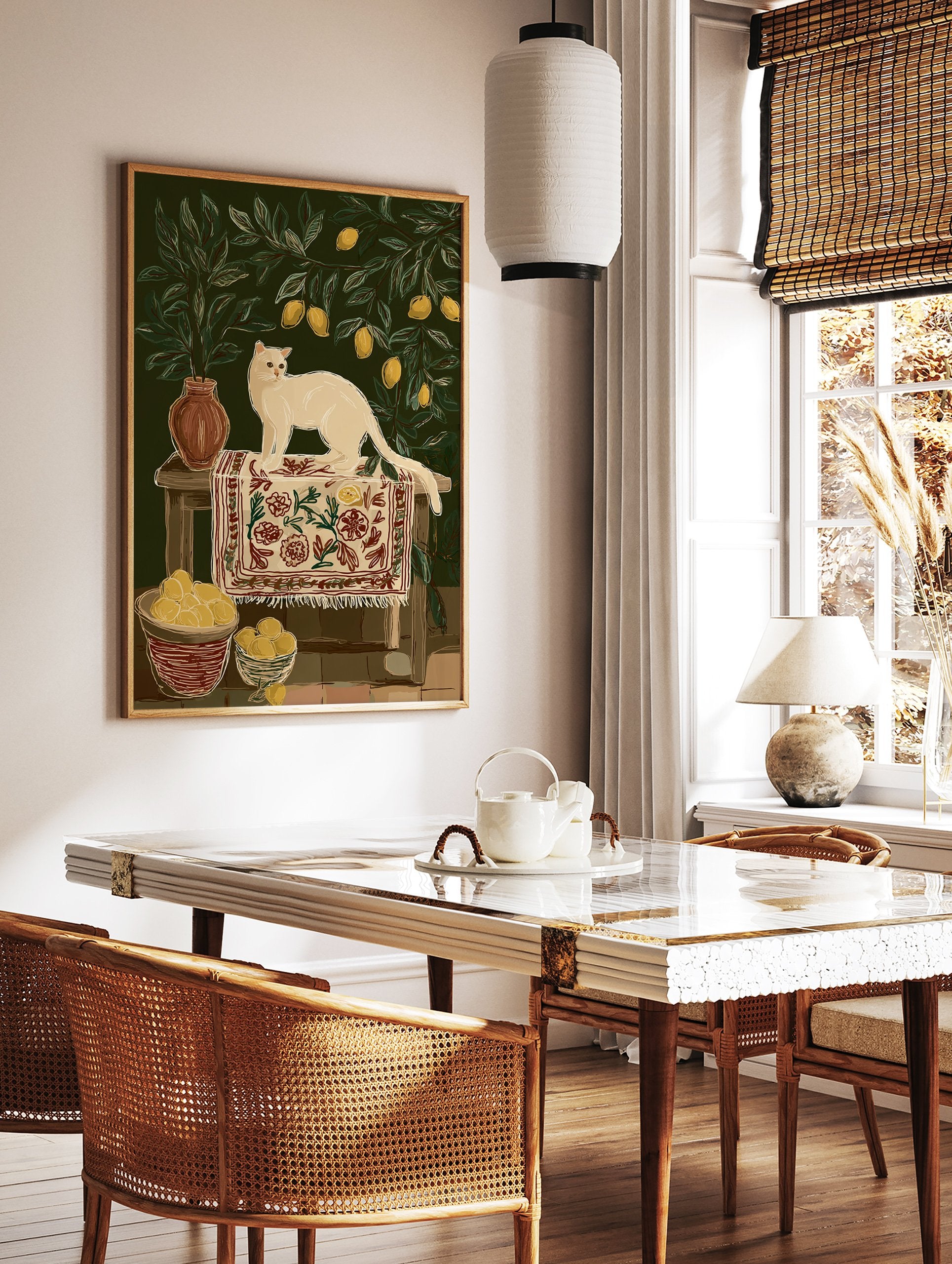 Illustration of a white cat sitting on a patterned rug on a stool, surrounded by lemon tree branches and lemons in baskets. - Image 2