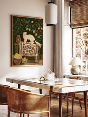 Illustration of a white cat sitting on a patterned rug on a stool, surrounded by lemon tree branches and lemons in baskets. - Image 2