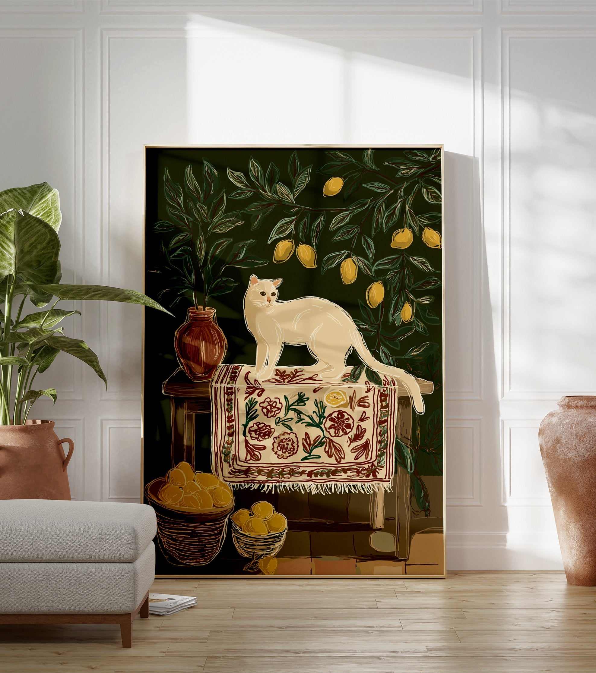 Illustration of a white cat sitting on a patterned rug on a stool, surrounded by lemon tree branches and lemons in baskets. - Image 3