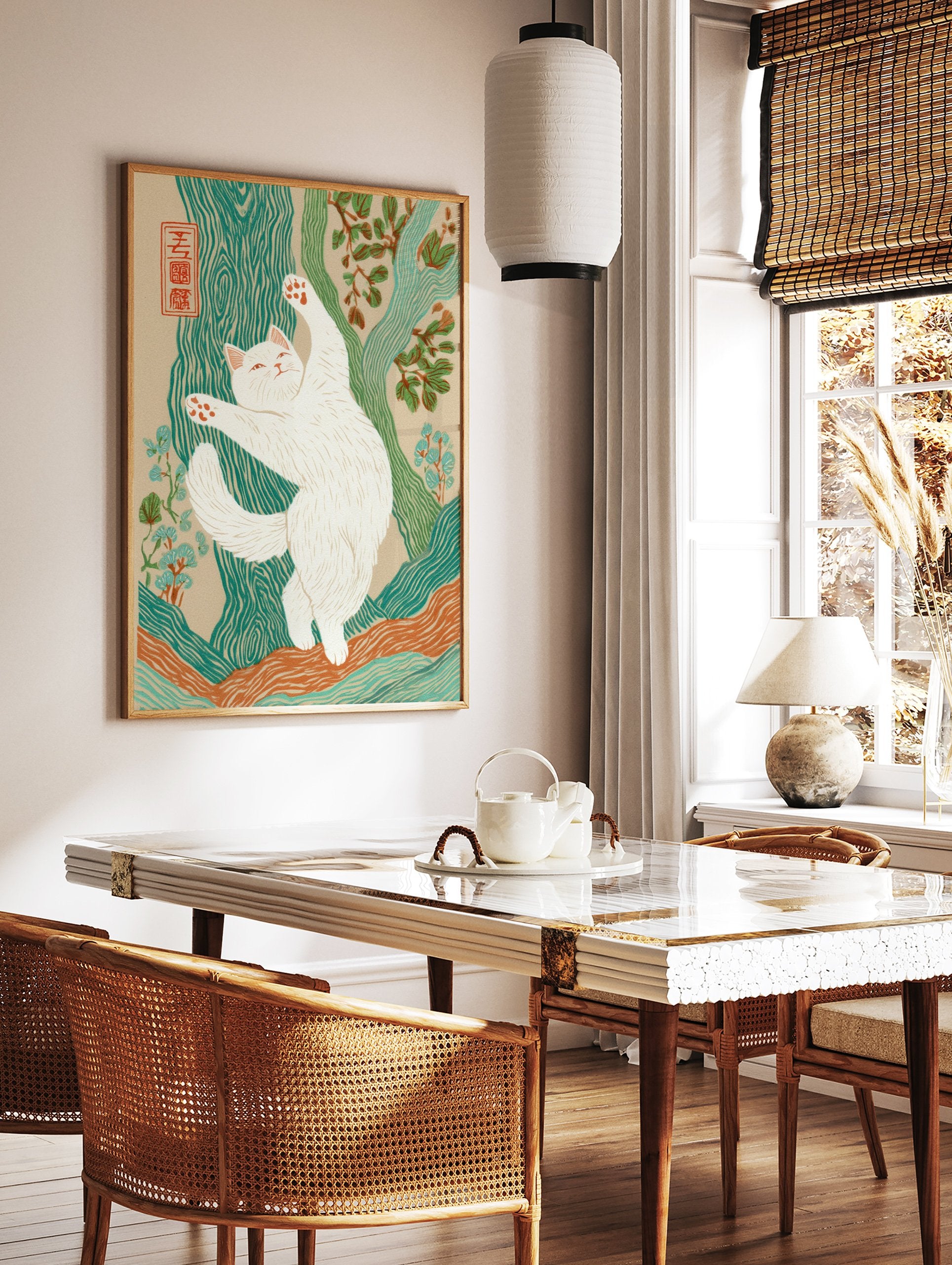 White cat stretching in a vibrant Japanese style illustration with teal trees and orange accents on a beige background. - Image 2