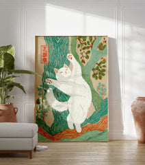 White cat stretching in a vibrant Japanese style illustration with teal trees and orange accents on a beige background. - Image 3